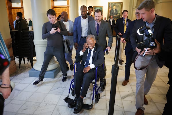 U.S. Rep. David Scott, D-Atlanta, is followed by reporters after filing paperwork to run for reelection at the Capitol in Atlanta on Monday, March 2, 2026. (Arvin Temkar/AJC)