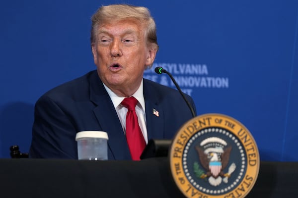 President Donald Trump speaks at the U.S. Army War College in Carlisle, Pa., during the Pennsylvania Defense and Innovation Summit on Wednesday. (Julia Demaree Nikhinson/AP)