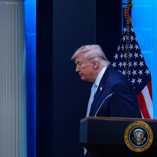 President Donald Trump departs after speaking with reporters during a news conference in the James Brady Press Briefing Room at the White House, Monday, April 6, 2026, in Washington. (AP Photo/Julia Demaree Nikhinson)