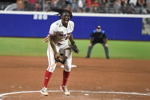 Texas Tech pitcher NiJaree Canady celebrates during the second game of the NCAA softball Women's College World Series finals against Texas in Oklahoma City, Thursday, June 5, 2025. (AP Photo/Kyle Phillips)