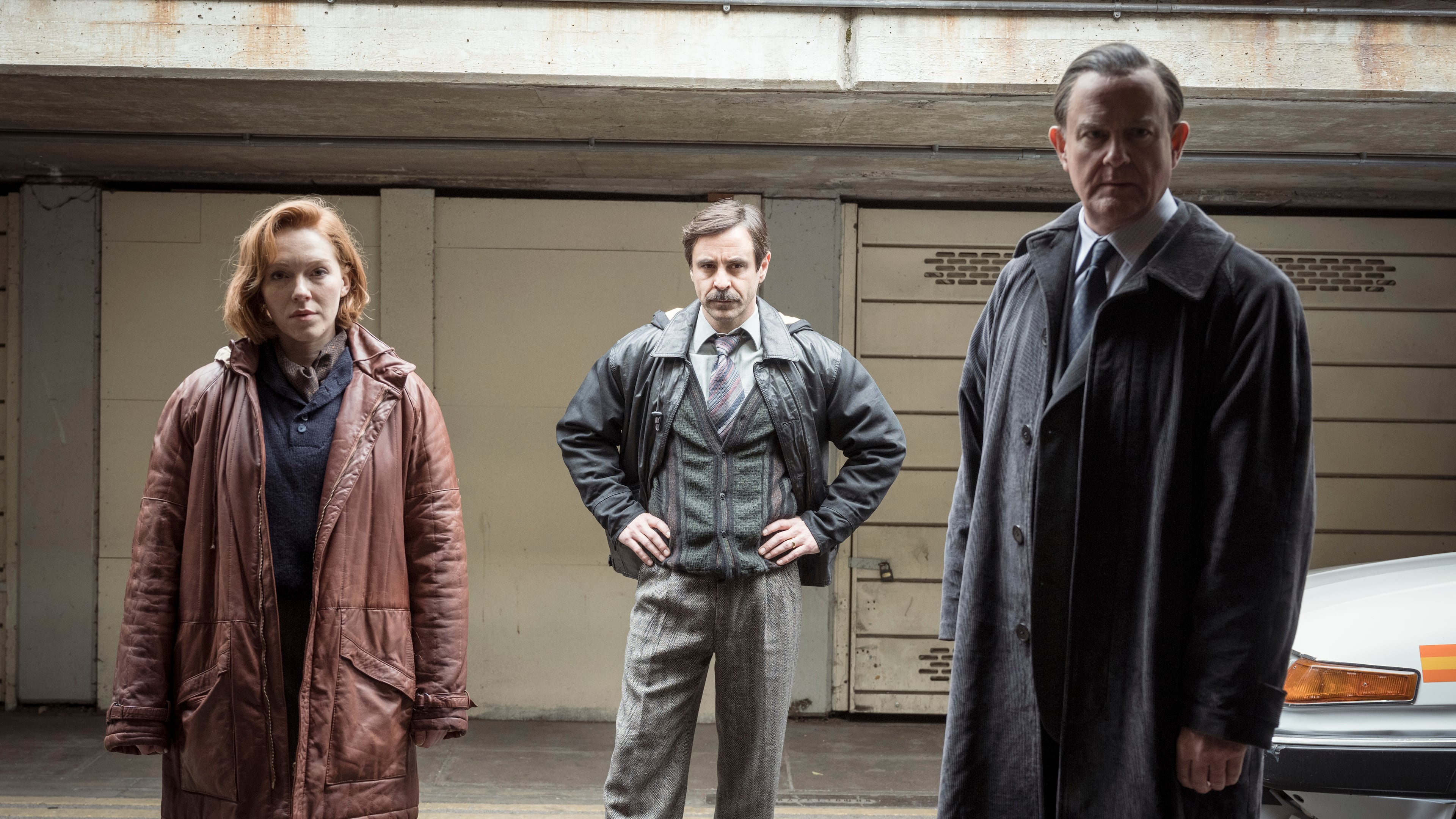 This image released by PBS Masterpiece shows Charlotte Spencer, from left, Emun Elliott, and Hugh Bonneville in a scene from "The Gold." (Sally Mais/All3Media and Masterpiece via AP)