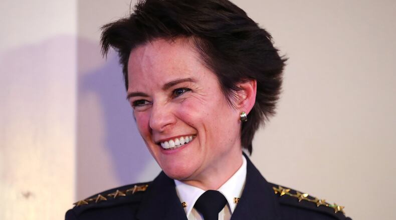January 10, 2017, Atlanta: Atlanta Chief of Police Erika Shields smiles during her oath of office ceremony at the Commerce Club on Tuesday, Jan. 10, 2017, in Atlanta. Curtis Compton/ccompton@ajc.com