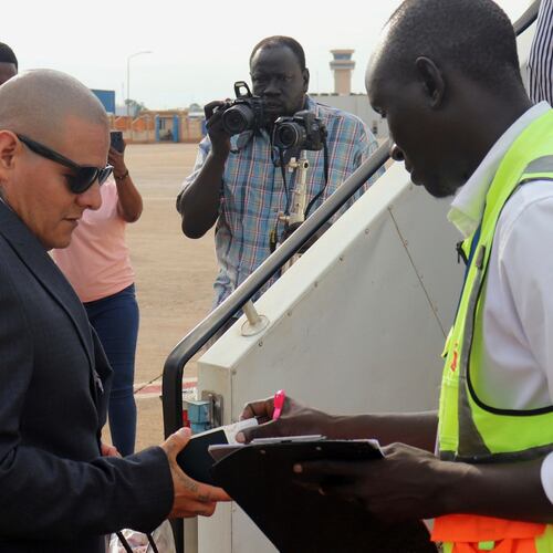 FILE - Jesus Munoz Gutierrez, a Mexican migrant deported months ago to South Sudan by the United States under an immigration crackdown, is repatriated to his home country at Juba Airport in South Sudan, Sept. 6, 2025. (AP Photo/Deng Machol, File)