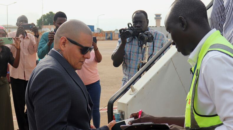 FILE - Jesus Munoz Gutierrez, a Mexican migrant deported months ago to South Sudan by the United States under an immigration crackdown, is repatriated to his home country at Juba Airport in South Sudan, Sept. 6, 2025. (AP Photo/Deng Machol, File)