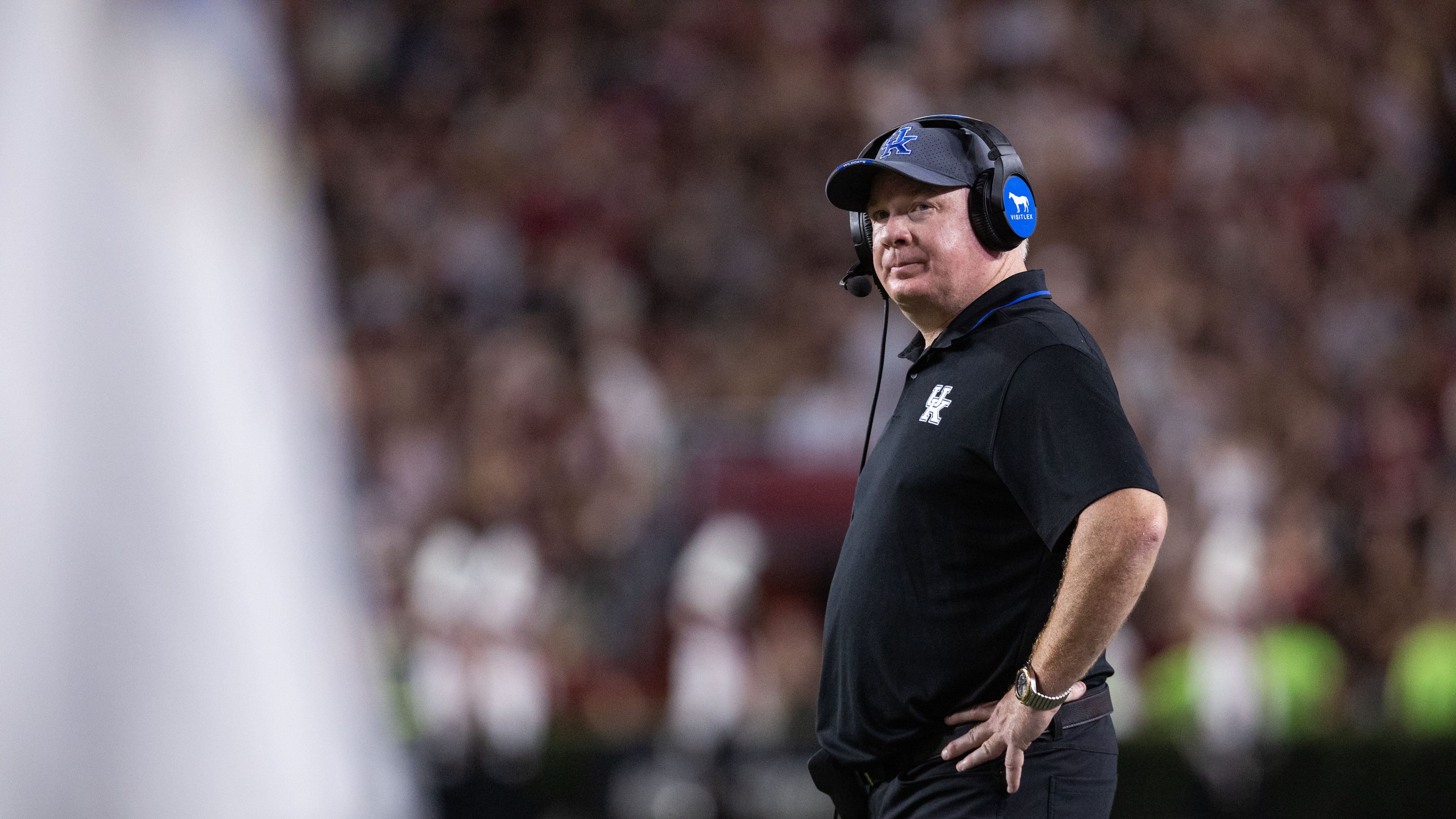 Kentucky coach Mark Stoops — pictured during the Wildcats' 35-13 loss at South Carolina last weekend — has a tough task Saturday, as Kentucky has lost each of its five trips to Athens by more than 17 points. (Scott Kinser/AP)