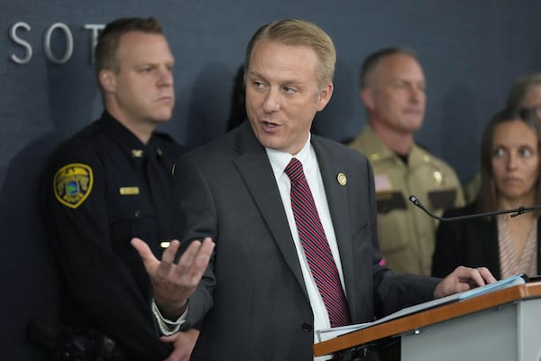 Bureau of Criminal Apprehension Supervisor Drew Evans speaks during a news conference at the Hennepin County Attorney’s Office in Minneapolis, Monday, June 16, 2025. (AP Photo/George Walker IV)