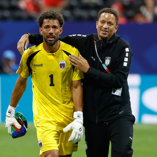 Cabo Verde goalkeeper Vozinha, left, reacts after the World Cup Group H soccer match between Spain and Cape Verde in Atlanta, Monday, June 15, 2026. (AP Photo/Erik S. Lesser)
