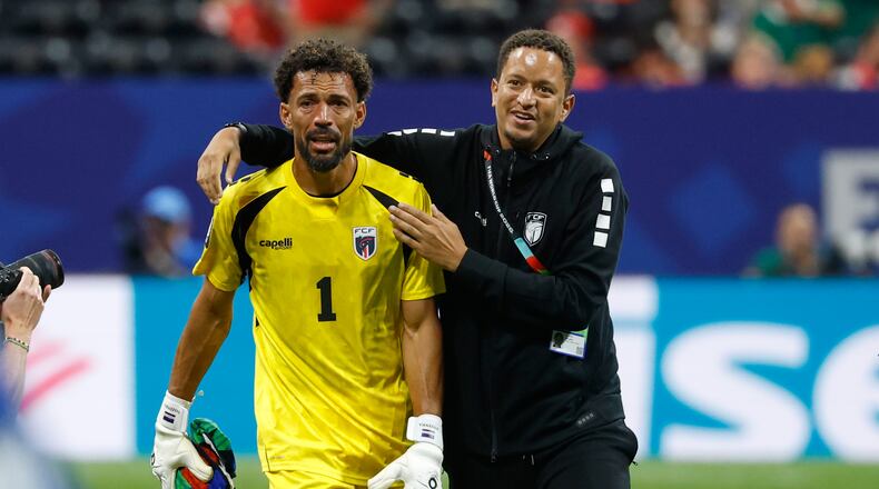 Cabo Verde goalkeeper Vozinha, left, reacts after the World Cup Group H soccer match between Spain and Cape Verde in Atlanta, Monday, June 15, 2026. (AP Photo/Erik S. Lesser)