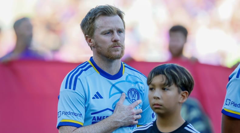 Atlanta United midfielder Dax McCarty (13) is seen during the National Anthem as his team prepares for the MLS Eastern Conference Semifinal playoff match on Sunday, Nov. 24, 2024, in Orlando.
(Miguel Martinez/ AJC)