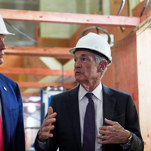 FILE - President Donald Trump listens to Federal Reserve Chairman Jerome Powell speak during a visit to the Federal Reserve, July 24, 2025, in Washington. (AP Photo/Julia Demaree Nikhinson, File)