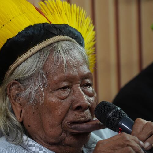 FILE - Indigenous Chief Raoni Metuktire speaks, Nov. 15, 2025, in Belem, Brazil. (AP Photo/Joshua A. Bickel, File)