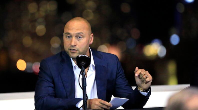 Miami Marlins co-owner Derek Jeter speaks during a town hall meeting at Marlins Park in Miami on Tuesday, Dec. 19, 2017. (Al Diaz/Miami Herald/TNS)