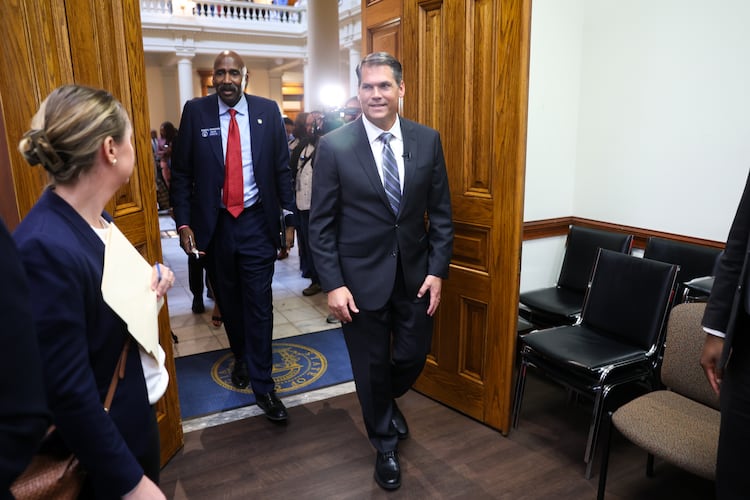 Democratic candidate for governor Geoff Duncan walks in to file paperwork to run for election at the Capitol in Atlanta on Tuesday, March 3, 2026. (Arvin Temkar/AJC)