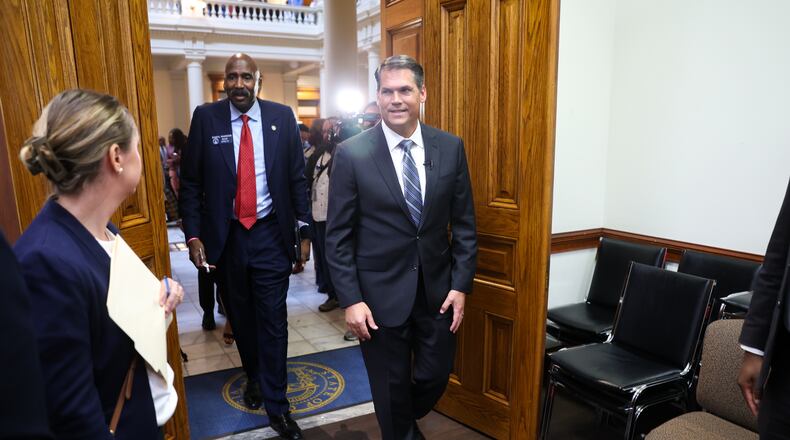 Democratic candidate for governor Geoff Duncan walks in to file paperwork to run for election at the Capitol in Atlanta on Tuesday, March 3, 2026. (Arvin Temkar/AJC)