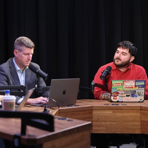 (From left) AJC’s Patricia Murphy and Greg Bluestein prepare for a "Politically Georgia" podcast recording with Brayan Ramirez, co-chair of the Atlanta Democratic Socialists of America (DSA), at the AJC office in Atlanta on Aug. 31, 2026. (Arvin Temkar/AJC)