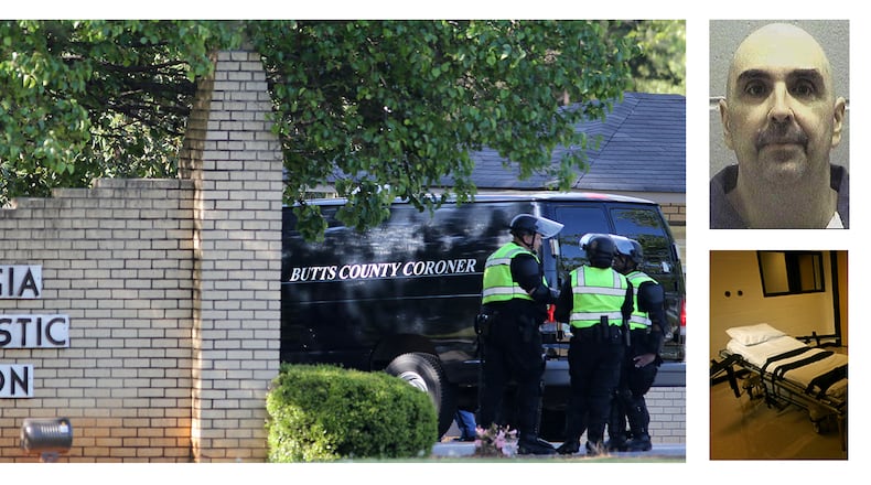 A coroner's van pulls into the Georgia Diagnostic and Classification Prison in preparation for an execution in April 2016. At right are images of Steven F. Spears, who was scheduled to die on Wednesday. (Prison photo: Ben Gray / bgray@ajc.com; mugshot: state Department of Corrections; interior of death chamber: AJC file)