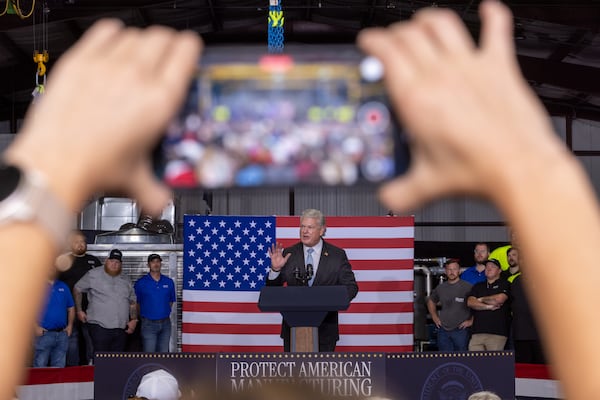 U.S. Rep. Mike Collins, R-Jackson, who is running for Senate, speaks before Vice President JD Vance appears at ALTA Refrigeration in Peachtree City on Thursday, August 21, 2025. (Arvin Temkar/AJC)