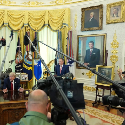 President Donald Trump speaks to reporters as Environmental Protection Agency administrator Lee Zeldin listens in the Oval Office of the White House, Monday, June 29, 2026, in Washington. (AP Photo/Jacquelyn Martin)
