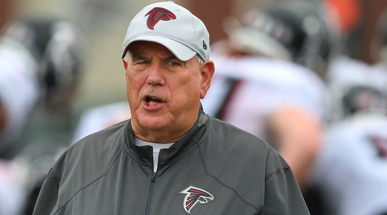 Falcons defensive coordinator Dean Pees is optimistic his defense will be much improved this season. (Curtis Compton / Curtis.Compton@ajc.com)