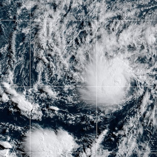 This satellite image provided by CIRA/NOAA, shows Tropical Storm Amanda forming in the Pacific Ocean, on Wednesday, June 3, 2026. (CIRA/NOAA via AP)