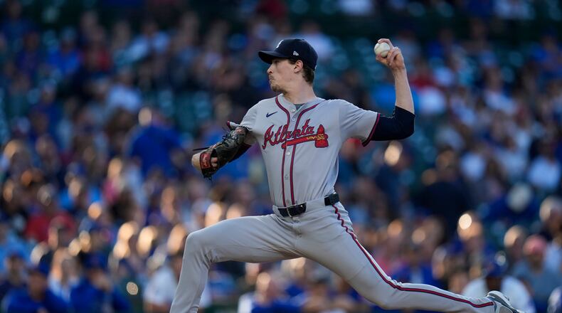 Atlanta Braves starting pitcher Max Fried throws to a Chicago Cubs batter during the first inning of a baseball game Wednesday, May 22, 2024, in Chicago. (AP Photo/Erin Hooley)