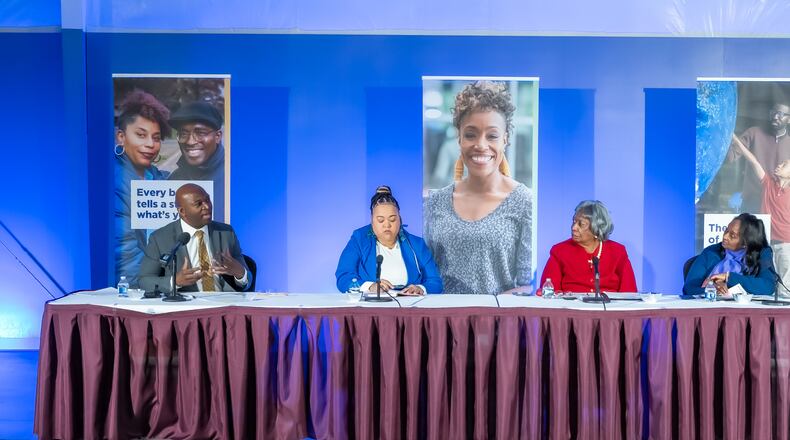 (from left to right) All of Us Chief Engagement Officer, Dr. Karriem Watson speaks on a panel with Veronica Robinson, a Lacks Family Descendant and patients rights advocate, Lillie Tyson Head, daughter of a U.S. Public Health Service Syphilis Study participant and president of the Voices For Our Fathers Legacy Foundation, Dr. Joan Harrell, the panel's moderator and Dr. Stephen Sodeke, Tuskegee University's resident bioethicist.