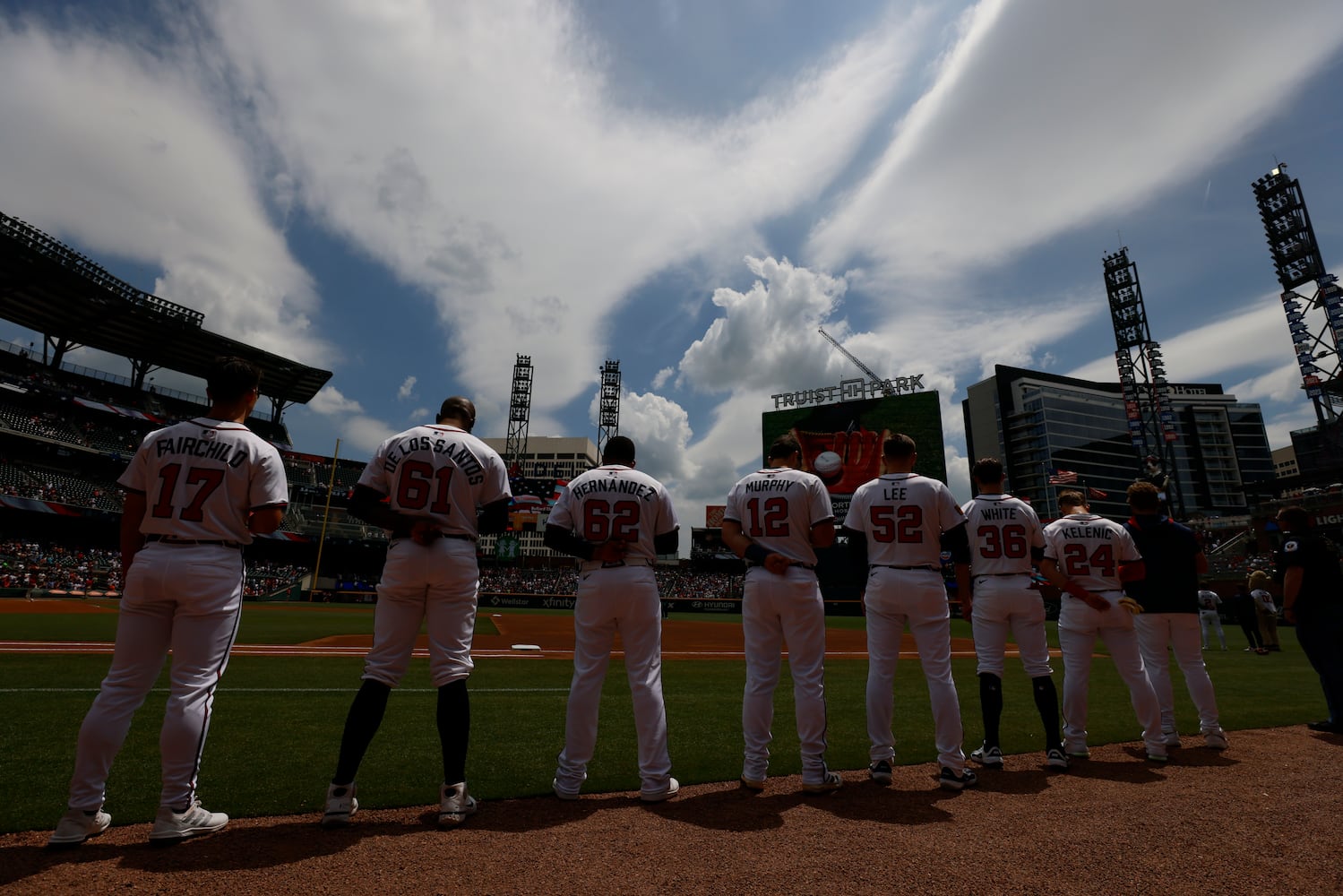 Braves players align for the National Anthem as they prepare to face the Minnesota Twins at Truist Park on Sunday, April 20, 2025.
(Miguel Martinez/ AJC)