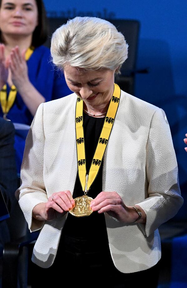 European Commission President Ursula von der Leyen receives the Charlemagne Prize in Aachen, Germany, Thursday, May 29, 2025. (Federico Gambarini/DPA via AP, Pool)