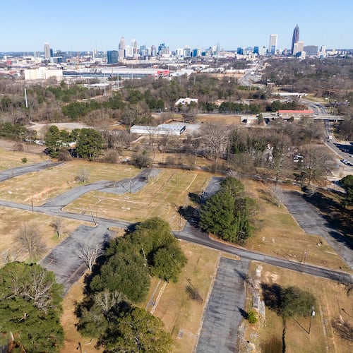 An aerial photograph shows Atlanta's Westside area that surrounds the stalled Quarry Yards development. According to the city, Microsoft will return 22.5 acres of the Quarry Yards property through the Atlanta Urban Development Corp. (Hyosub Shin/AJC 2021)