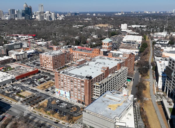 Ponce City Market (center) with the Midtown Atlanta skyline at top left and the Beltline at far right in January 2022. (Hyosub Shin/AJC 2022)