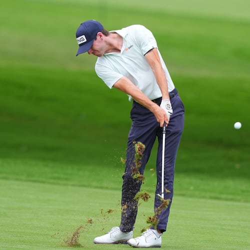 Alex Smalley hits from the ninth fairway during the first round of the Charles Schwab Challenge golf tournament at Colonial Country Club in Fort Worth, Texas, Thursday, May 28, 2026. (AP Photo/LM Otero)