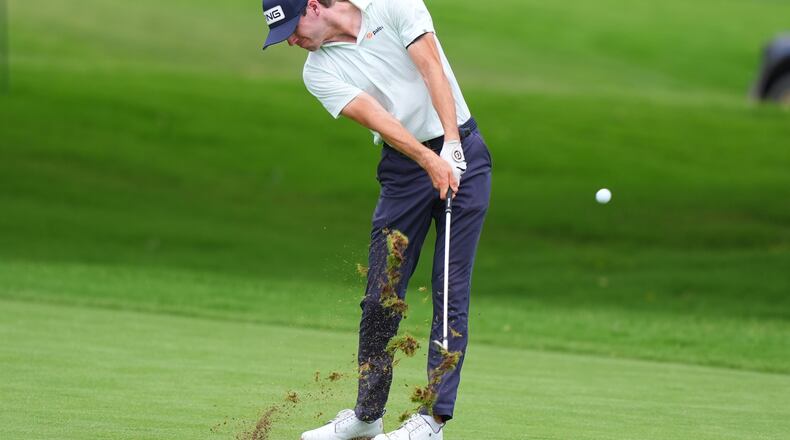 Alex Smalley hits from the ninth fairway during the first round of the Charles Schwab Challenge golf tournament at Colonial Country Club in Fort Worth, Texas, Thursday, May 28, 2026. (AP Photo/LM Otero)