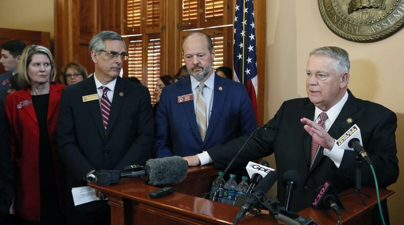 2/26/19 - Atlanta - Secretary of State Brad Raffensperger (left), Rep. Barry Fleming, R - Harlem, and House Speaker David Ralston answer questions after the bill’s passage. The Georgia House passed a bill Tuesday to buy a new $150 million election system that includes a paper ballot printed with a ballot marking device. But opponents to the bill, including many Democrats, say it would still leave Georgia’s elections vulnerable to hacking and tampering. Bob Andres / bandres@ajc.com