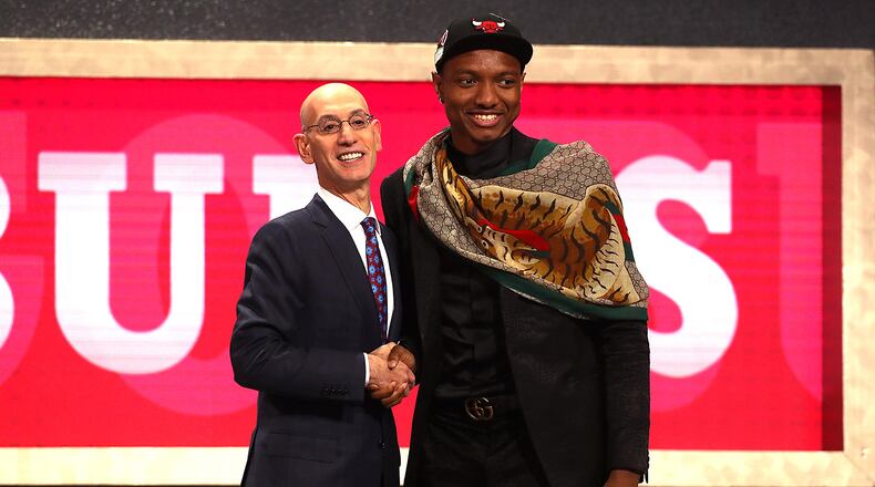 Wendell Carter Jr. poses with NBA Commissioner Adam Silver after being drafted seventh overall by the Chicago Bulls during the 2018 NBA Draft at the Barclays Center on June 21, 2018 in New York City.