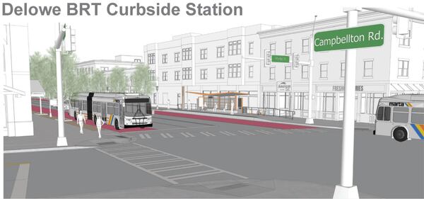 MARTA will choose between light rail and bus rapid transit for its new Campbellton Road transit line. Bus rapid transit would run in outside lanes. (Courtesy of MARTA)