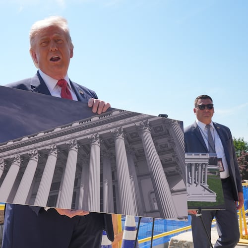 President Donald Trump tours Ballroom construction around the outside the White House, Tuesday, May 19, 2026, in Washington. (AP Photo/Jacquelyn Martin)