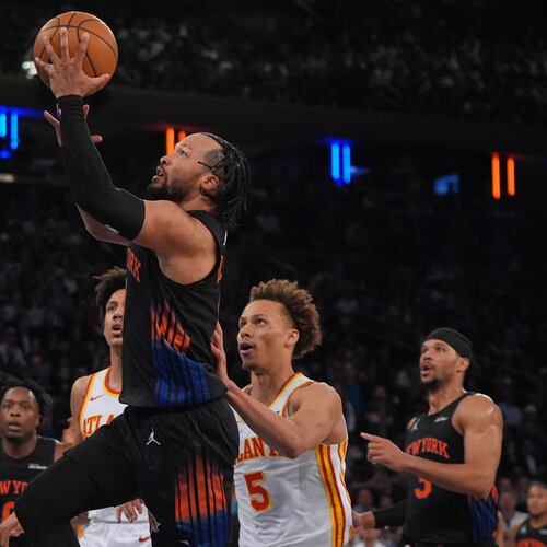 New York Knicks' Jalen Brunson drives past Atlanta Hawks' Dyson Daniels (5) during the first half in Game 5 of a first-round NBA playoffs basketball series, Tuesday, April 28, 2026, in New York. (AP Photo/Frank Franklin II)