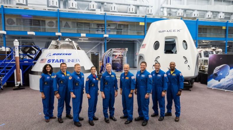 On Aug. 3, 2018, NASA introduced the first U.S. astronauts who will fly on American-made, commercial spacecraft to and from the International Space Station – an endeavor that will return astronaut launches to U.S. soil for the first time since the space shuttle’s retirement in 2011. The astronauts are, from left to right: Sunita Williams, Josh Cassada, Eric Boe, Nicole Mann, Christopher Ferguson, Douglas Hurley, Robert Behnken, Michael Hopkins and Victor Glover.