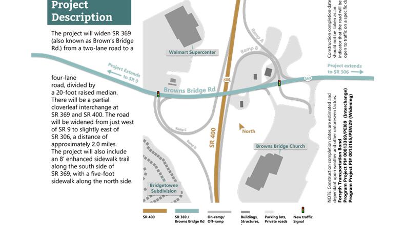 Graphic depicts the grade-separated interchange that will replace the present, stoplighted intersection of Browns Bridge Road and Ga. 400 in Forsyth County. Construction officially begins with a groundbreaking ceremony Tuesday, Nov. 17.