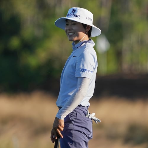 Somi Lee of Korea smiles at the end of the first round of the LPGA Tour Championship golf tournament, Thursday, Nov. 20, 2025, in Naples, Fla. (AP Photo/Marta Lavandier)