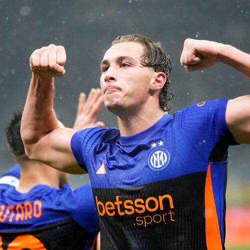 Inter Milan's Francesco Pio Esposito celebrates after scoring his side's third goal during a Serie A soccer match between Inter Milan and Pisa, in Milan, Italy, Friday, Jan. 23, 2026. (AP Photo/Luca Bruno)