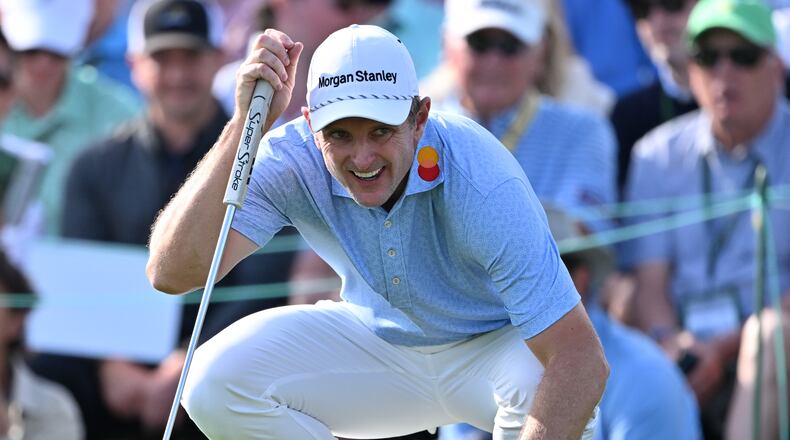Justin Rose lines up putt on 18th green during first round of the Masters golf tournament, at Augusta National Golf Club, Thursday, April 10, 2025, in Augusta, Ga. (Hyosub Shin / AJC)