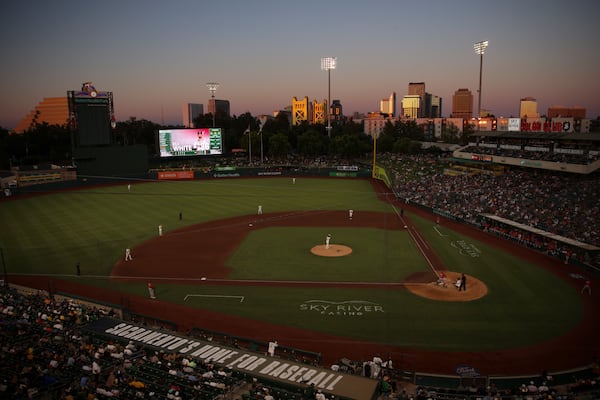 A view of Sutter Heath Park during the fifth inning of a baseball game between the Athletics and the Atlanta Braves, Tuesday, July 8, 2025, in West Sacramento, Calif. (AP Photo/Scott Marshall)