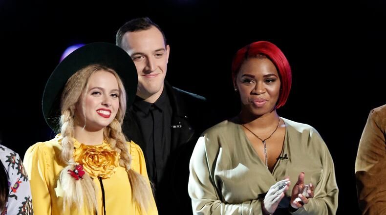 THE VOICE -- "Live Top 12" Episode 1114B -- Pictured: (l-r) Darby Walker, Aaron Gibson, Ali Caldwell -- (Photo by: Tyler Golden/NBC)
