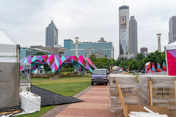 Work continues preparing Cenntennial Olympic Park to host the upcoming FIFA Fan Festival on Tuesday, June 9, 2026. (Ben Hendren for the AJC)
