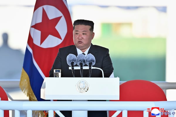 FILE - In this photo provided by the North Korean government, its leader Kim Jong Un speaks during a launching ceremony of a new naval destroyer at a western port in Nampo, North Korea, on April 25, 2025. Independent journalists were not given access to cover the event depicted in this image distributed by the North Korean government. The content of this image is as provided and cannot be independently verified. Korean language watermark on image as provided by source reads: "KCNA" which is the abbreviation for Korean Central News Agency. (Korean Central News Agency/Korea News Service via AP, File)