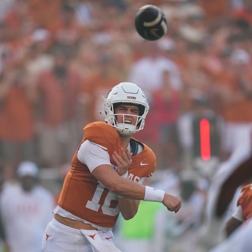 Texas quarterback Arch Manning (16) throws against Ohio State during the first half of an NCAA college football game in Austin, Texas, Saturday, Sept. 12, 2026. (AP Photo/Eric Gay)