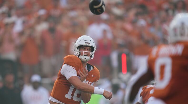 Texas quarterback Arch Manning (16) throws against Ohio State during the first half of an NCAA college football game in Austin, Texas, Saturday, Sept. 12, 2026. (AP Photo/Eric Gay)