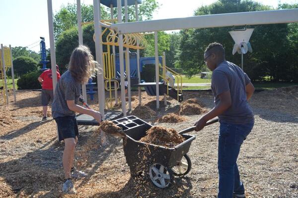 Volunteers helped work on Grant Johnson's Eagle Scout project at St. Teresa's School in Albany. (Courtesy of Carlton Fletcher)