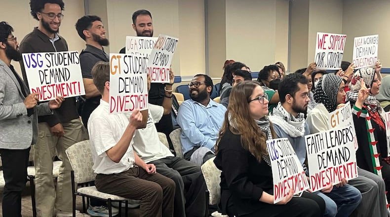 A group of University System of Georgia students and recent graduates prepare for a presentation to state Board of Regents at its May 15, 2025 meeting, with the group urging divestment of financial ties with Israel. (Jason Armesto/AJC)